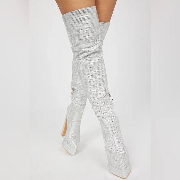 Shoes - Blair Rhinestone Over The Knee Boots - Silver